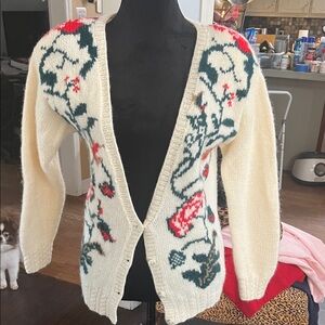 Elegant Floral Cardigan Sweater - Cream and Red